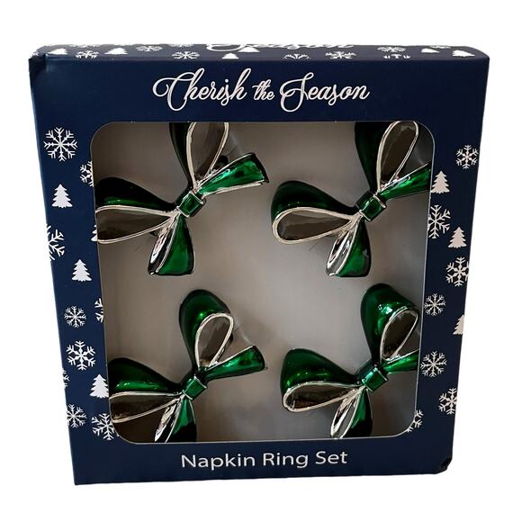Green Bow Christmas Napkin Rings Set of 4 Silver Holiday Glam Cherish the Season - Picture 1 of 14